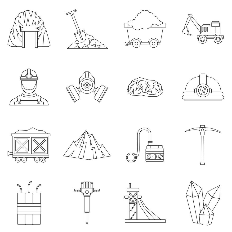 Miner icons set, outline style vector