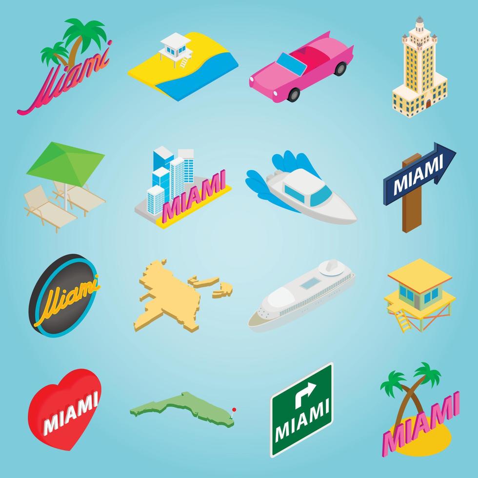 Miami establecer iconos, estilo 3D isométrica vector