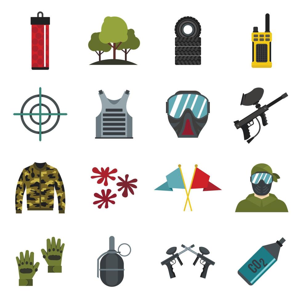 Paintball icons set, flat style vector
