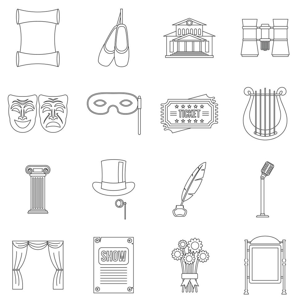 Theater icons set, outline style vector