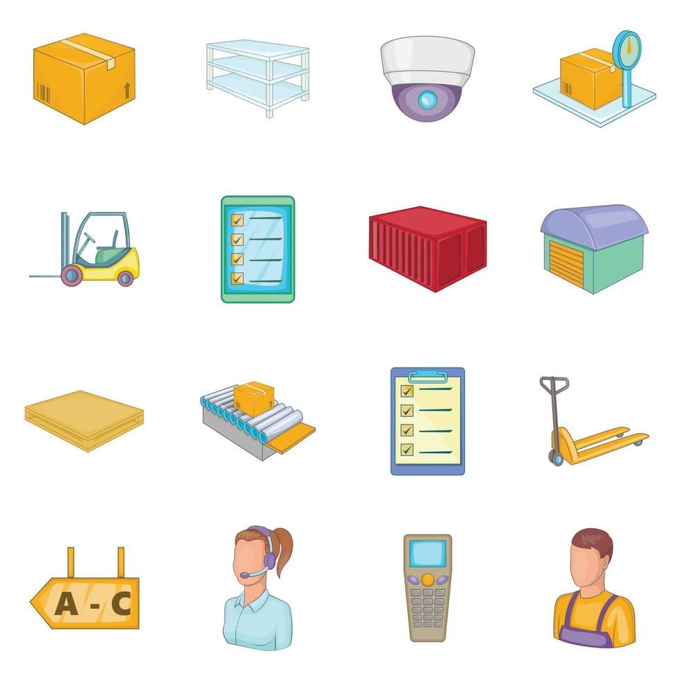 Warehouse store icons set, cartoon style vector