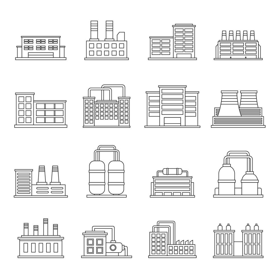 Industrial building icons set, outline style vector