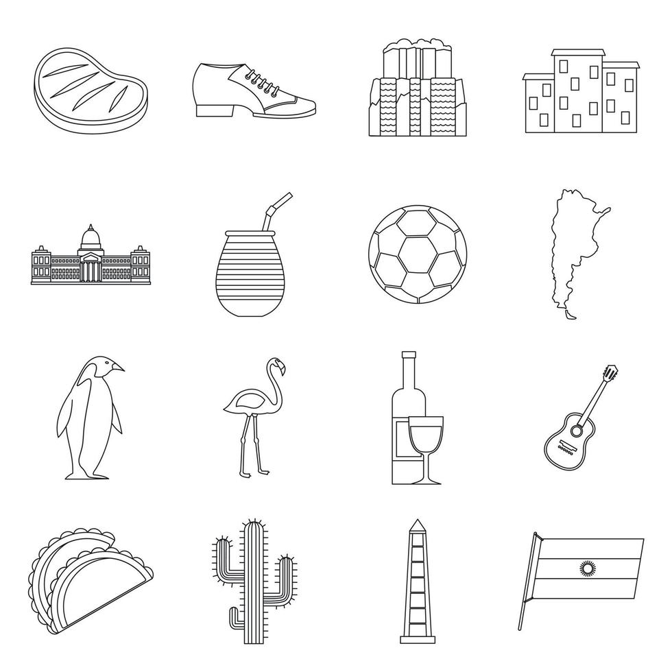 Argentina travel items icons set, outline style vector