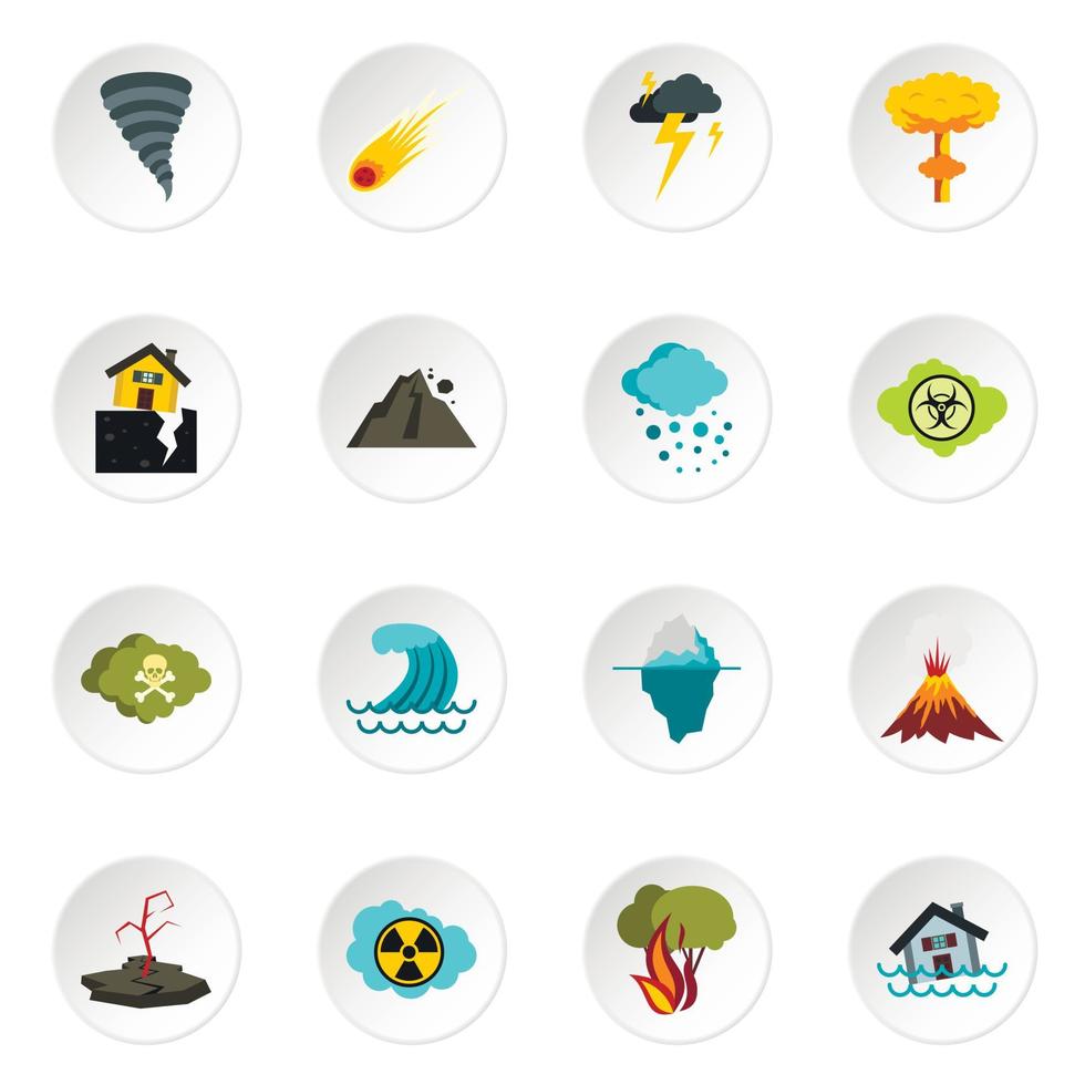 Natural disaster icons set, flat style vector