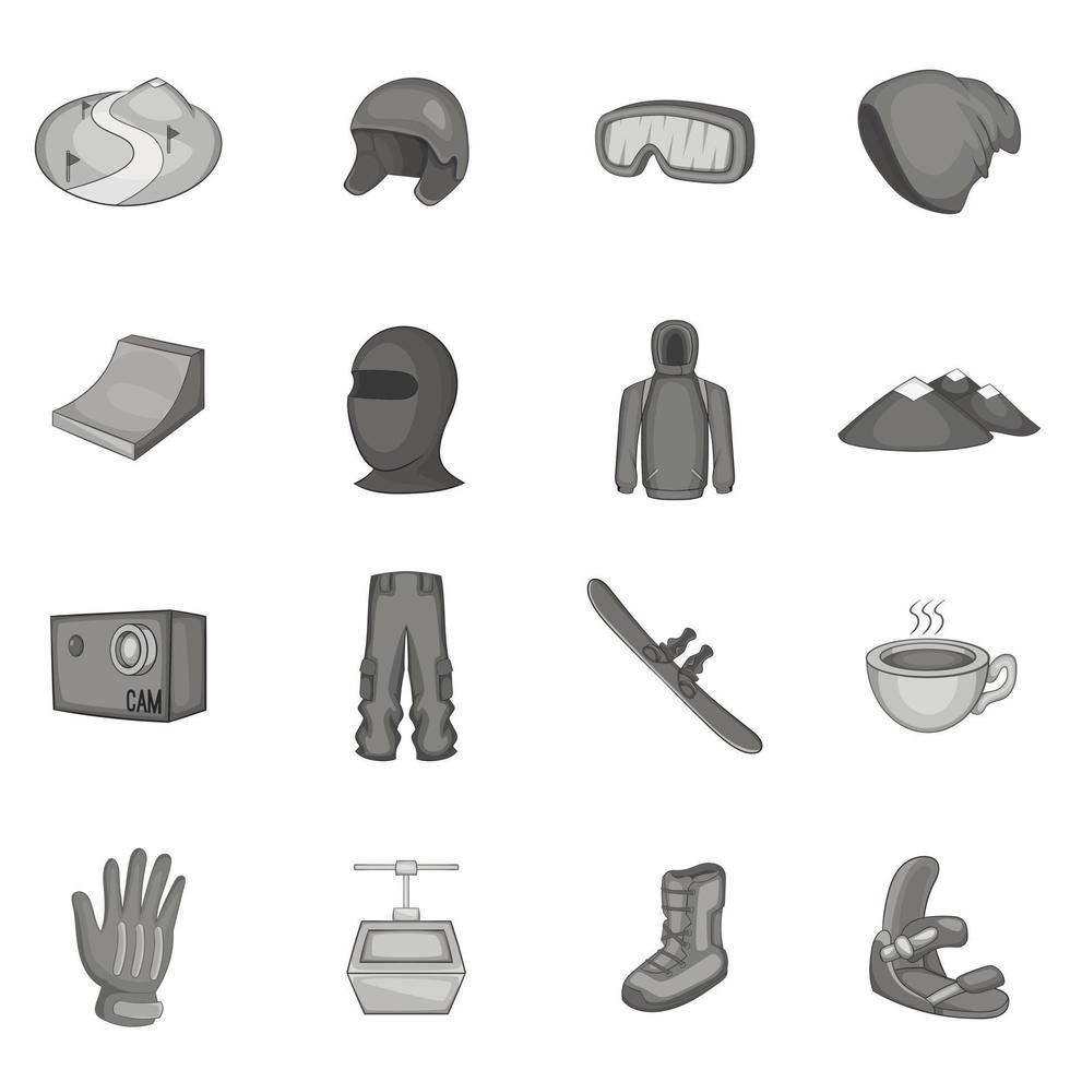 Conjunto de iconos de snowboard, estilo monocromo gris vector