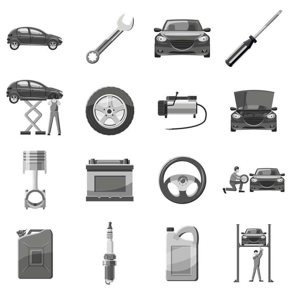 Iconos de reparación de servicio de coche establecer estilo monocromo gris vector