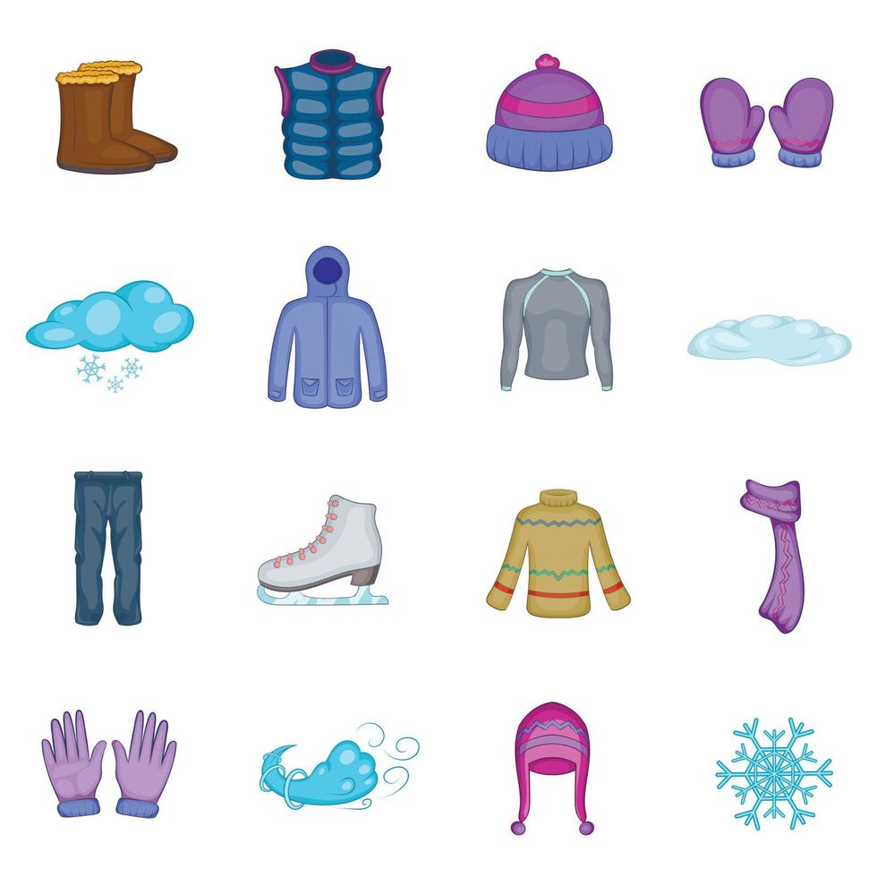 Winter clothes icons set, cartoon style vector