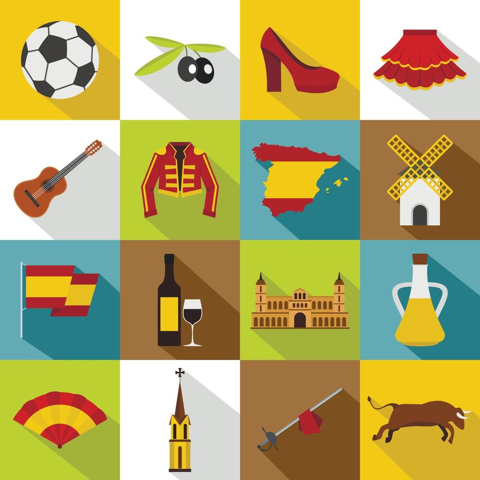 conjunto de iconos de viaje de españa, tipo plano vector