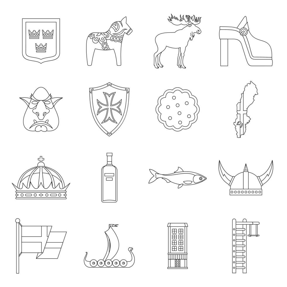 Sweden travel icons set, outline style vector