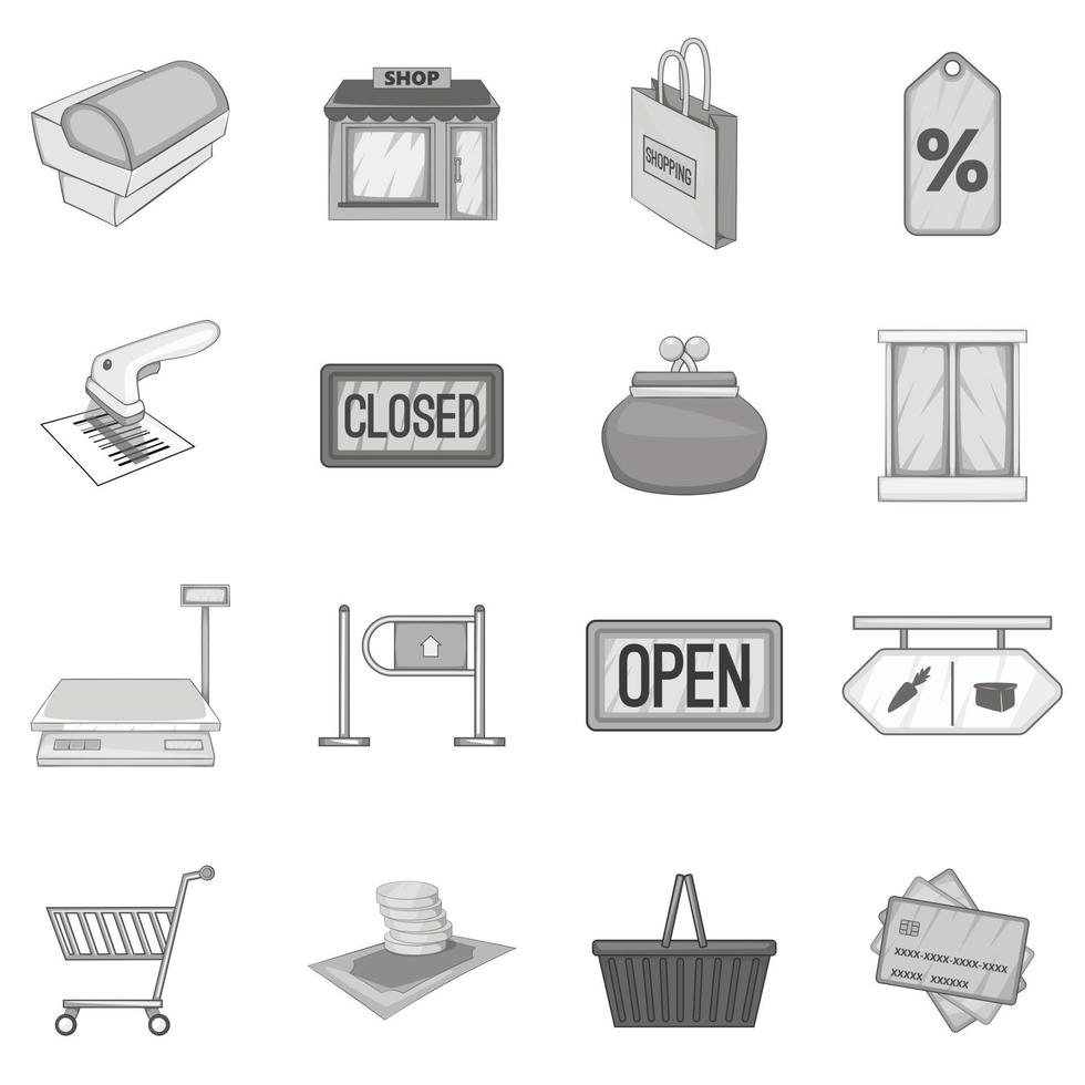 Supermarket icons set, gray monochrome style vector