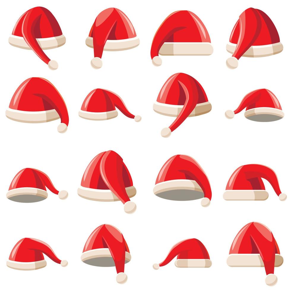 Red Santa Claus hat icons set, cartoon style vector