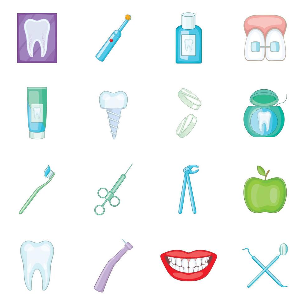 Dentist icons set, cartoon style vector