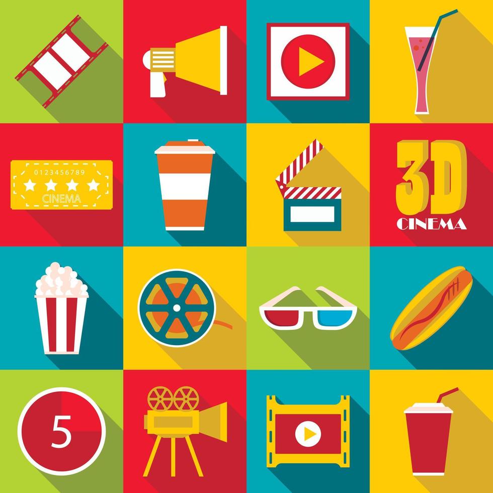 Movie items icons set, flat style vector