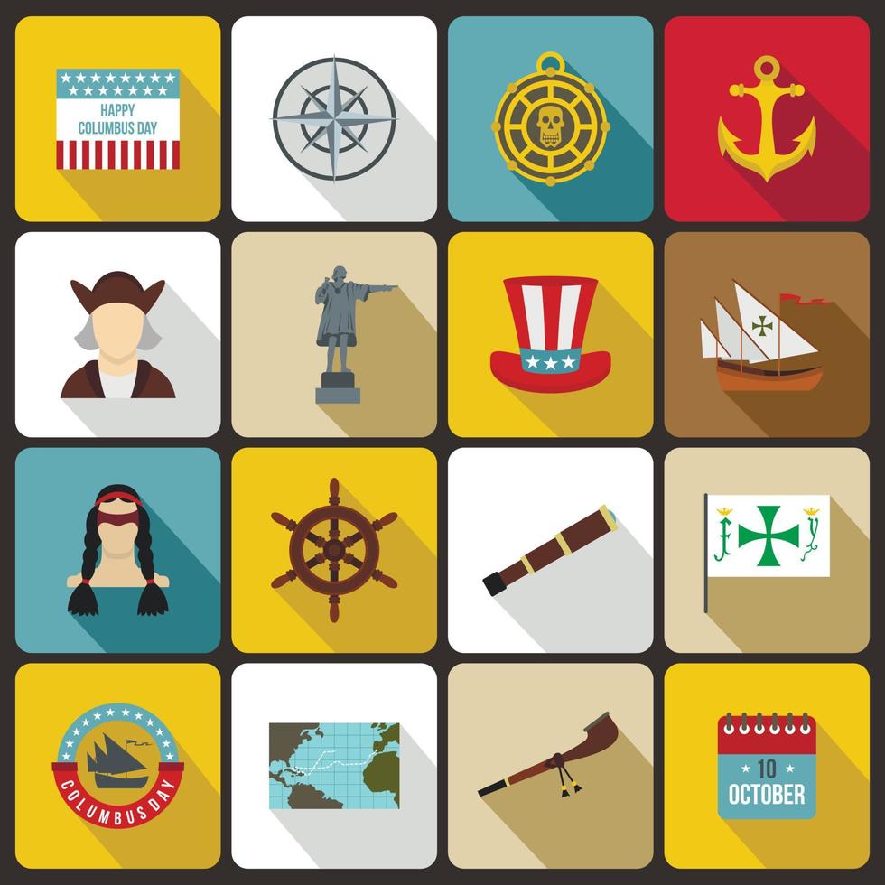 Columbus Day icons set, flat style vector