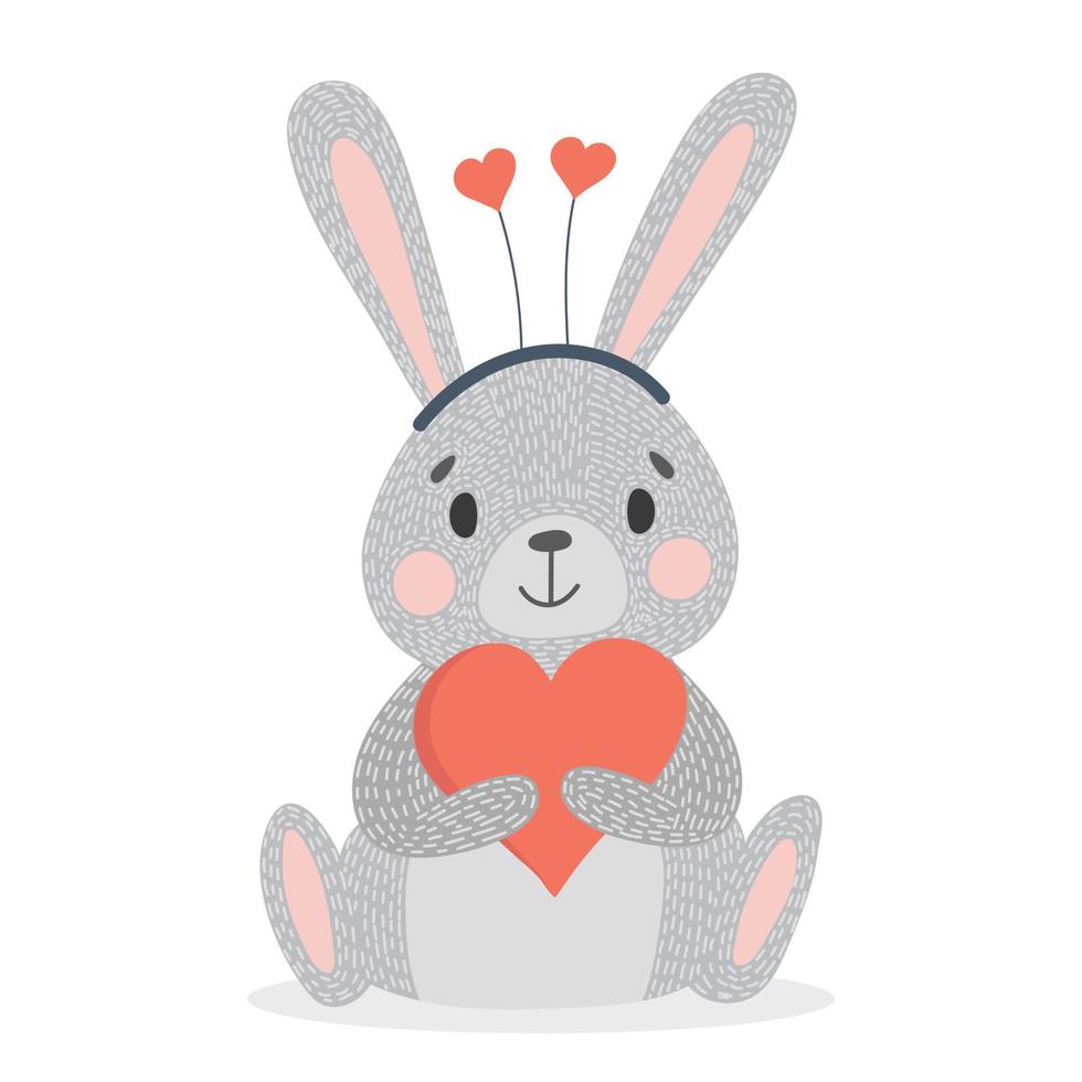 Cute cartoon rabbit hugs red heart. Valentine s Day. Vector illustration for baby design and shower.