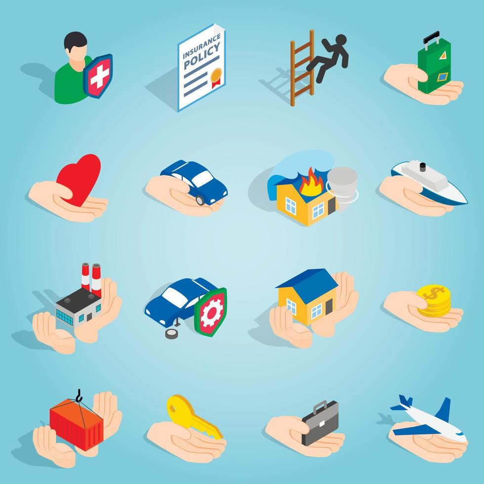 Insurance set icons, isometric 3d style vector
