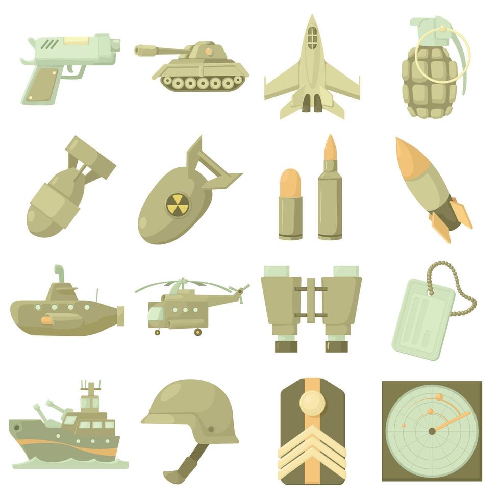 Military icons set, cartoon style vector