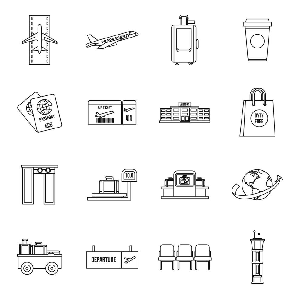 conjunto de iconos de aeropuerto, estilo de esquema vector