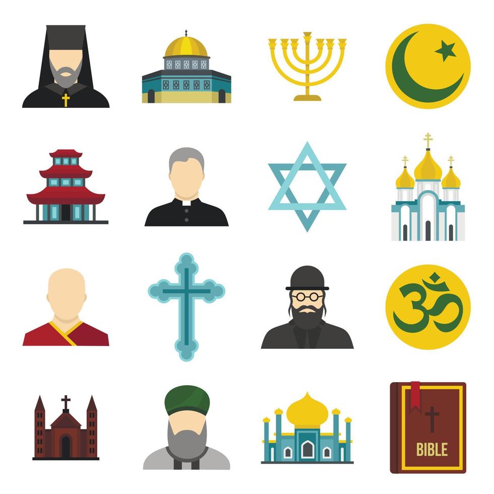 Religious symbol icons set, flat style vector