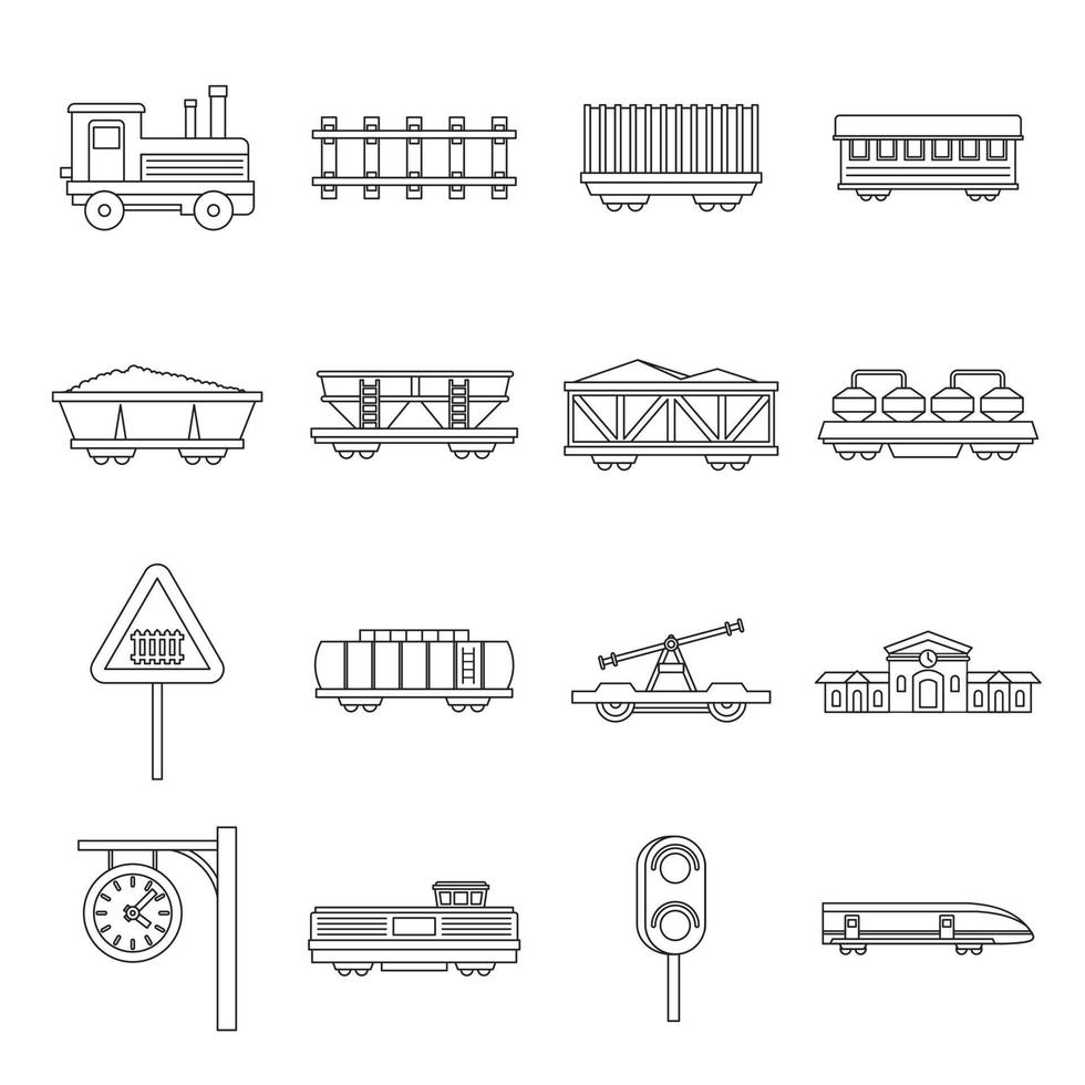 Railway icons set, outline style vector