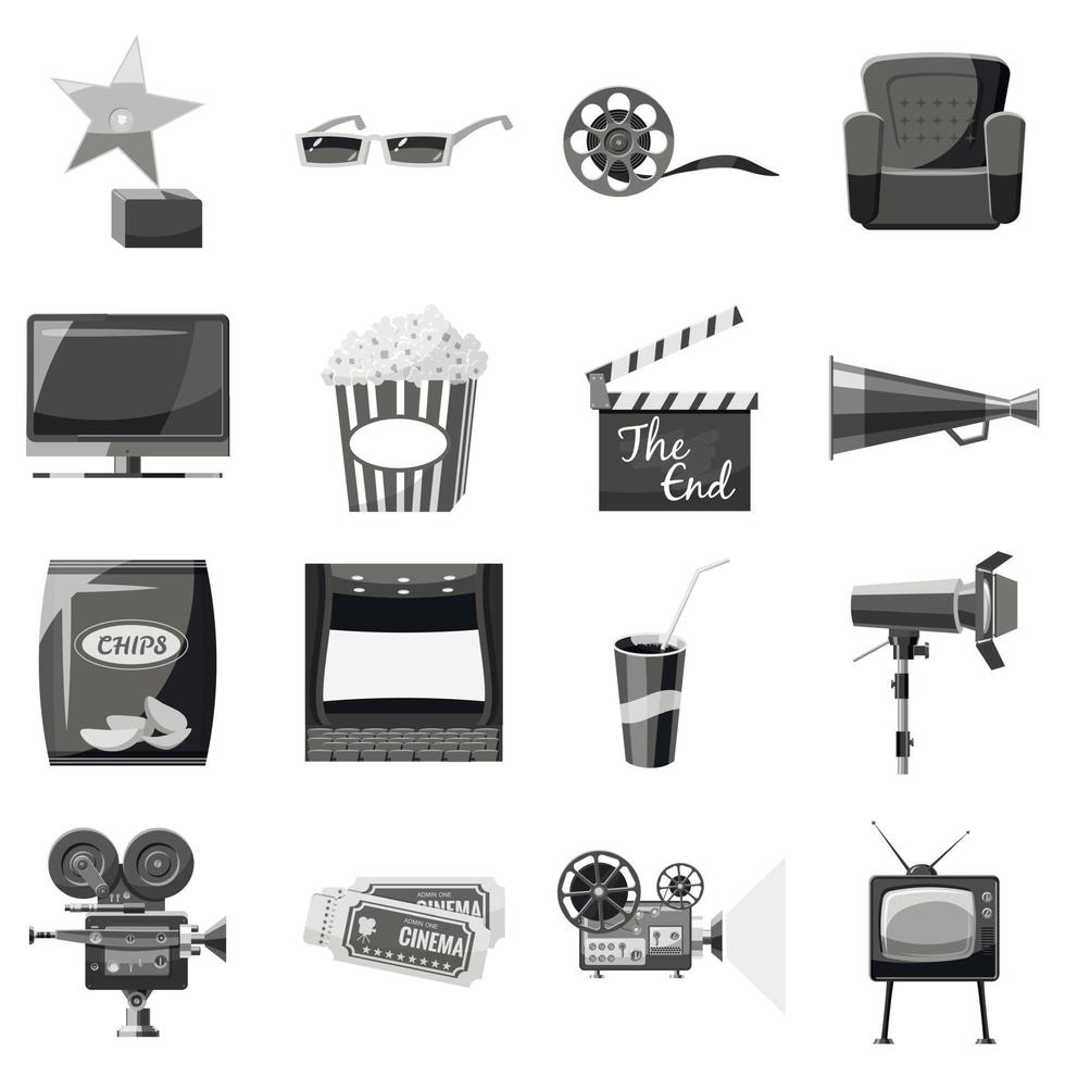 Cinema icons set, gray monochrome style vector