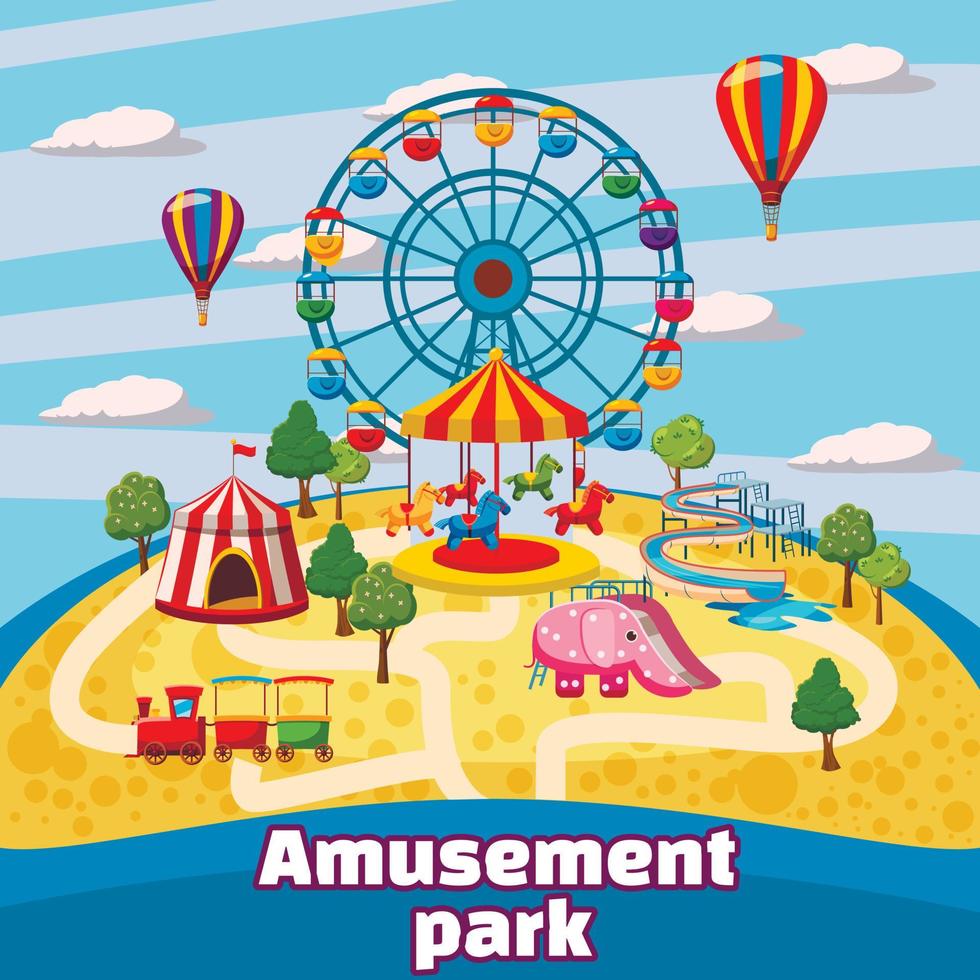 concepto de parque de atracciones, estilo de dibujos animados vector