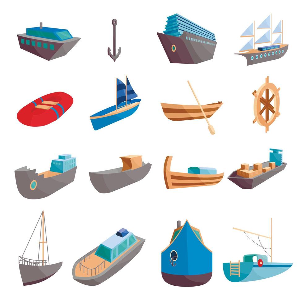 Sea transport icons set, cartoon style vector