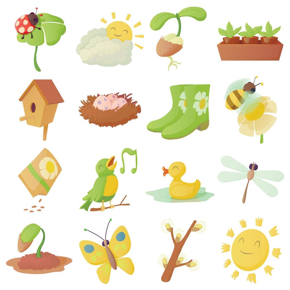 Spring things icons set, cartoon style vector