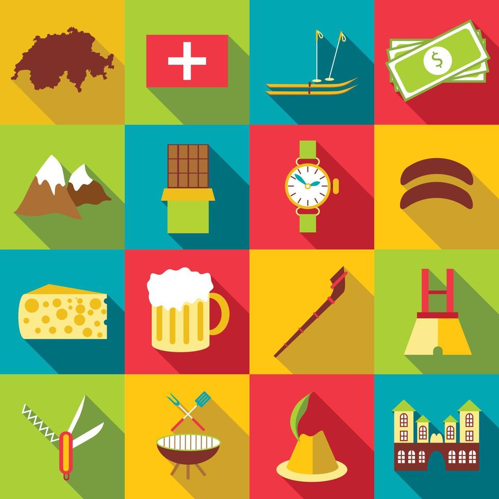 conjunto de iconos de viaje de suiza, estilo plano vector