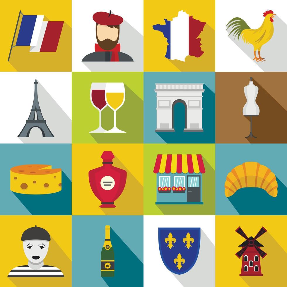 conjunto de iconos de viaje de francia, estilo plano vector