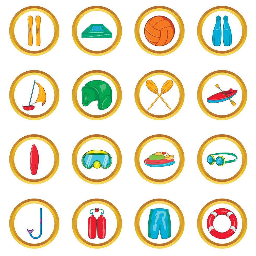 Conjunto de iconos de deportes acuáticos, estilo de dibujos animados vector