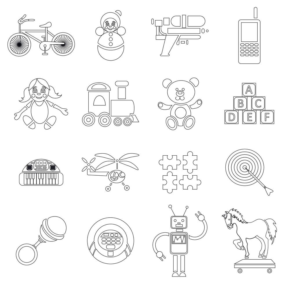 conjunto de iconos de juguetes para niños, estilo de esquema vector