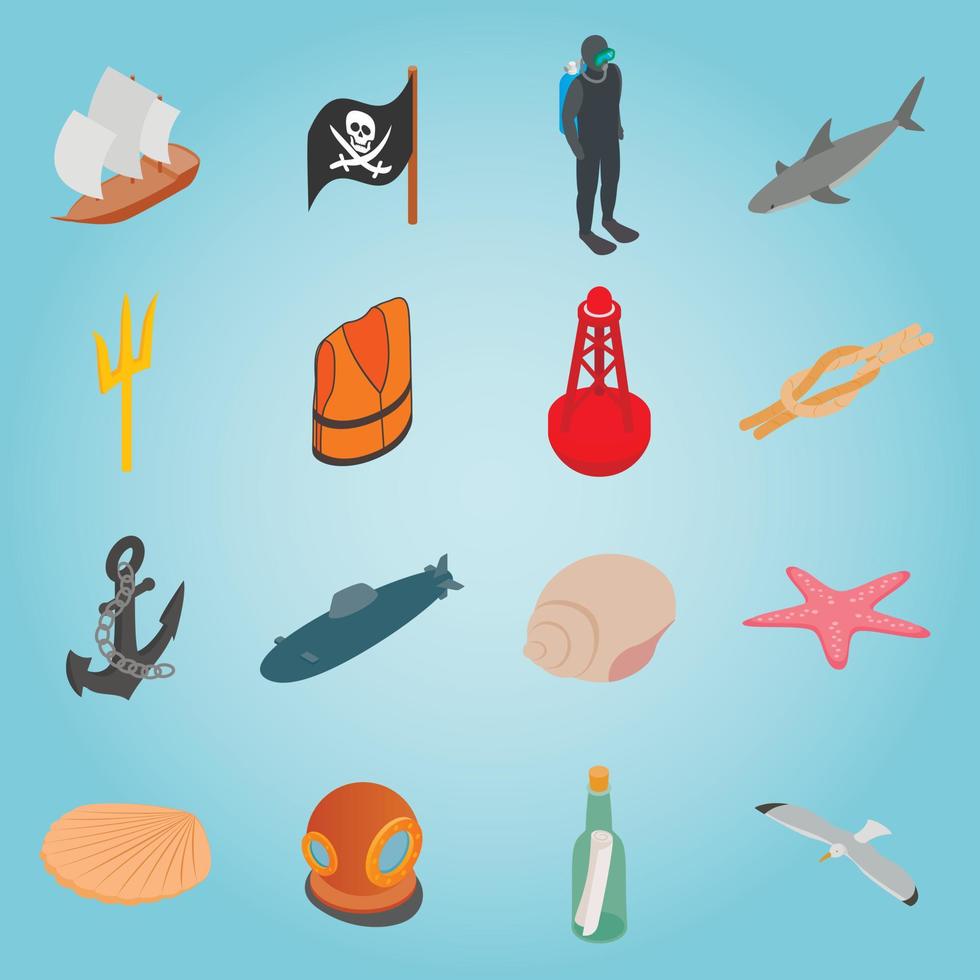 Sea set icons, isometric 3d style vector