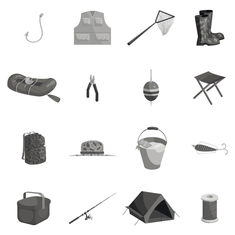 Fishing icons set, black monochrome style vector