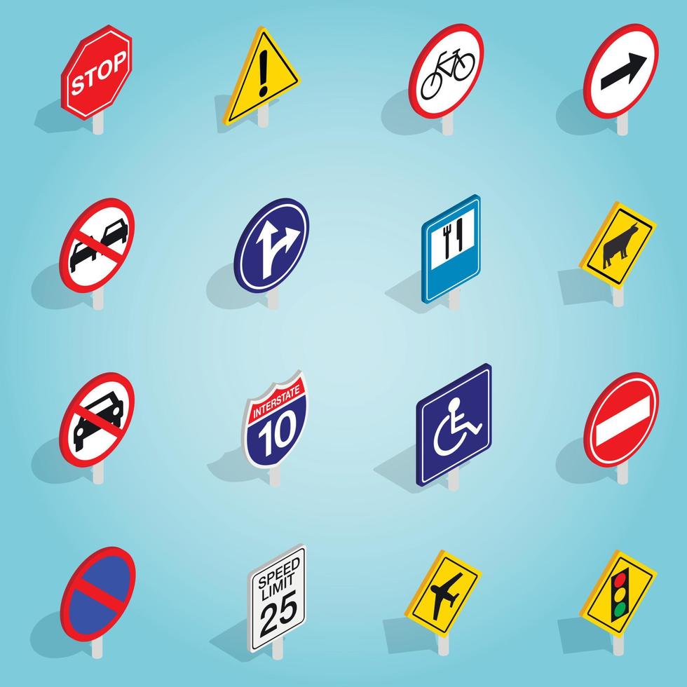 Road sign set icons, isometric 3d style vector