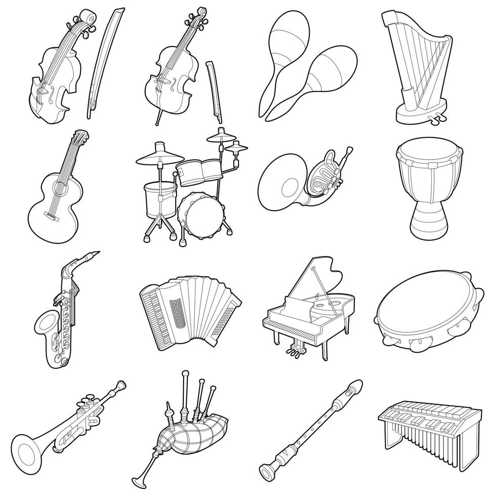 Musical instruments icons set, outline cartoon vector