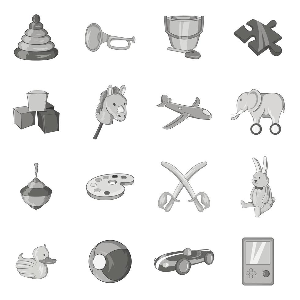 Childrens toys icons set, black monochrome style vector