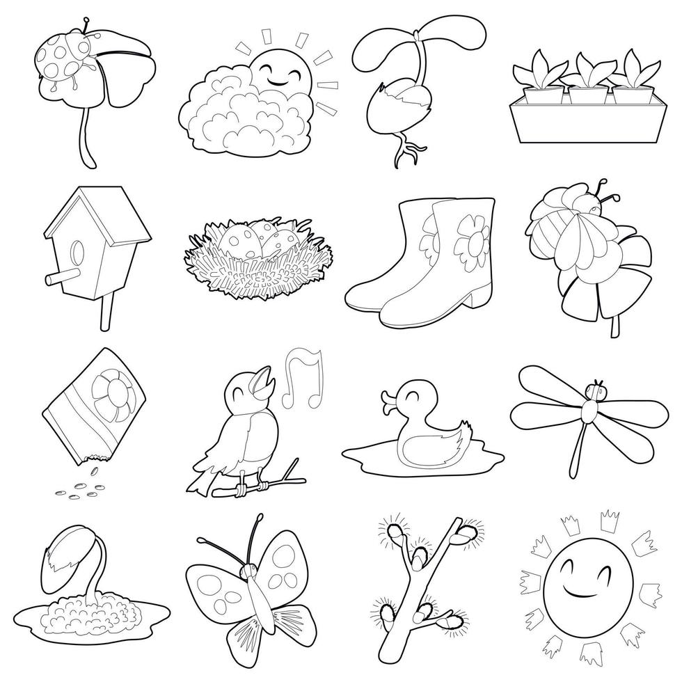 conjunto de iconos de cosas de primavera, estilo de esquema de dibujos animados vector