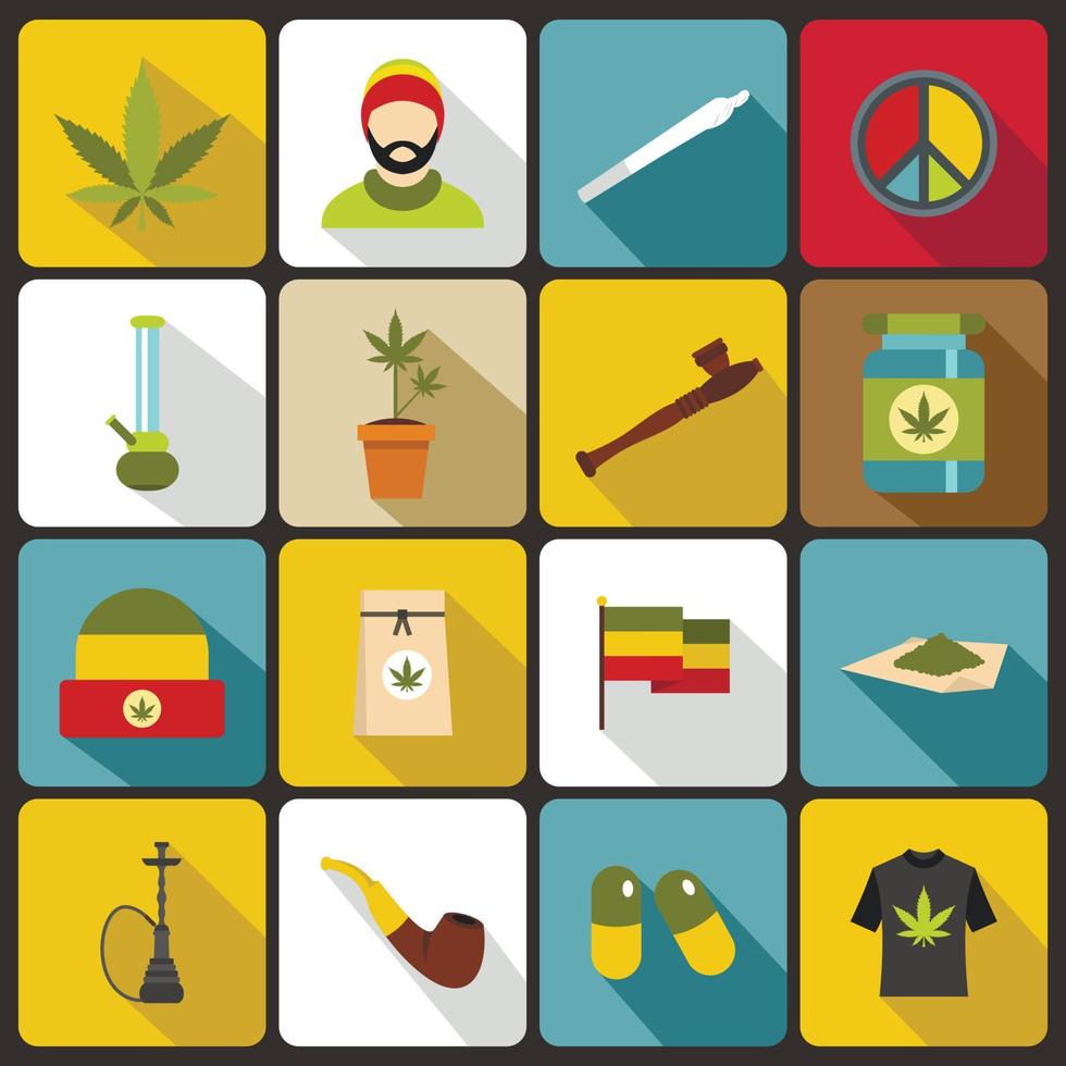 Rastafarian icons set, flat style vector