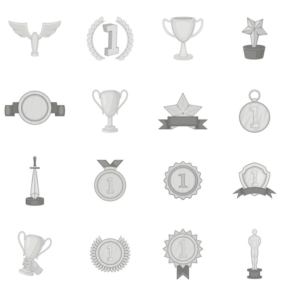 Trophy award icons set, black monochrome style vector