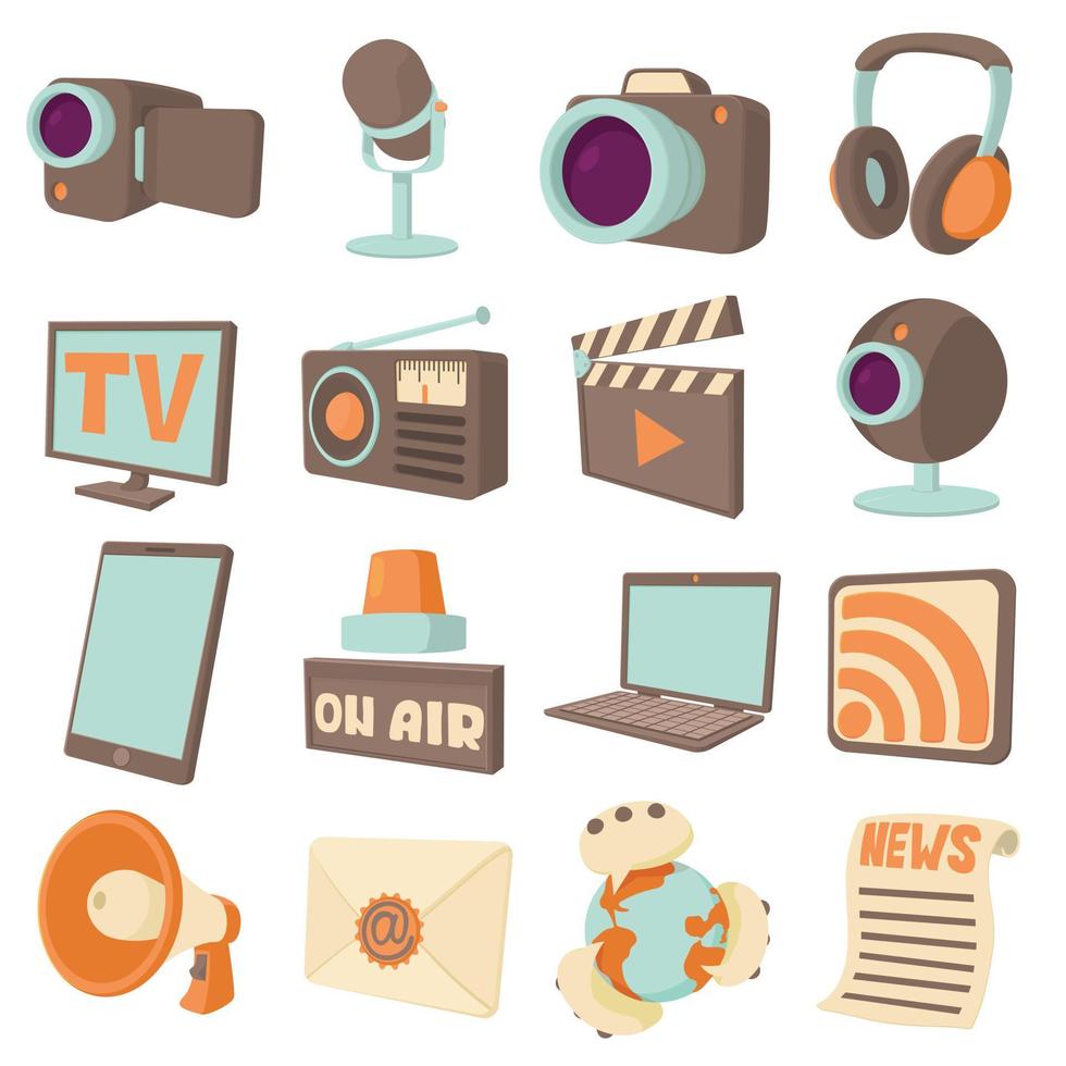 Media communications icons set, cartoon style vector