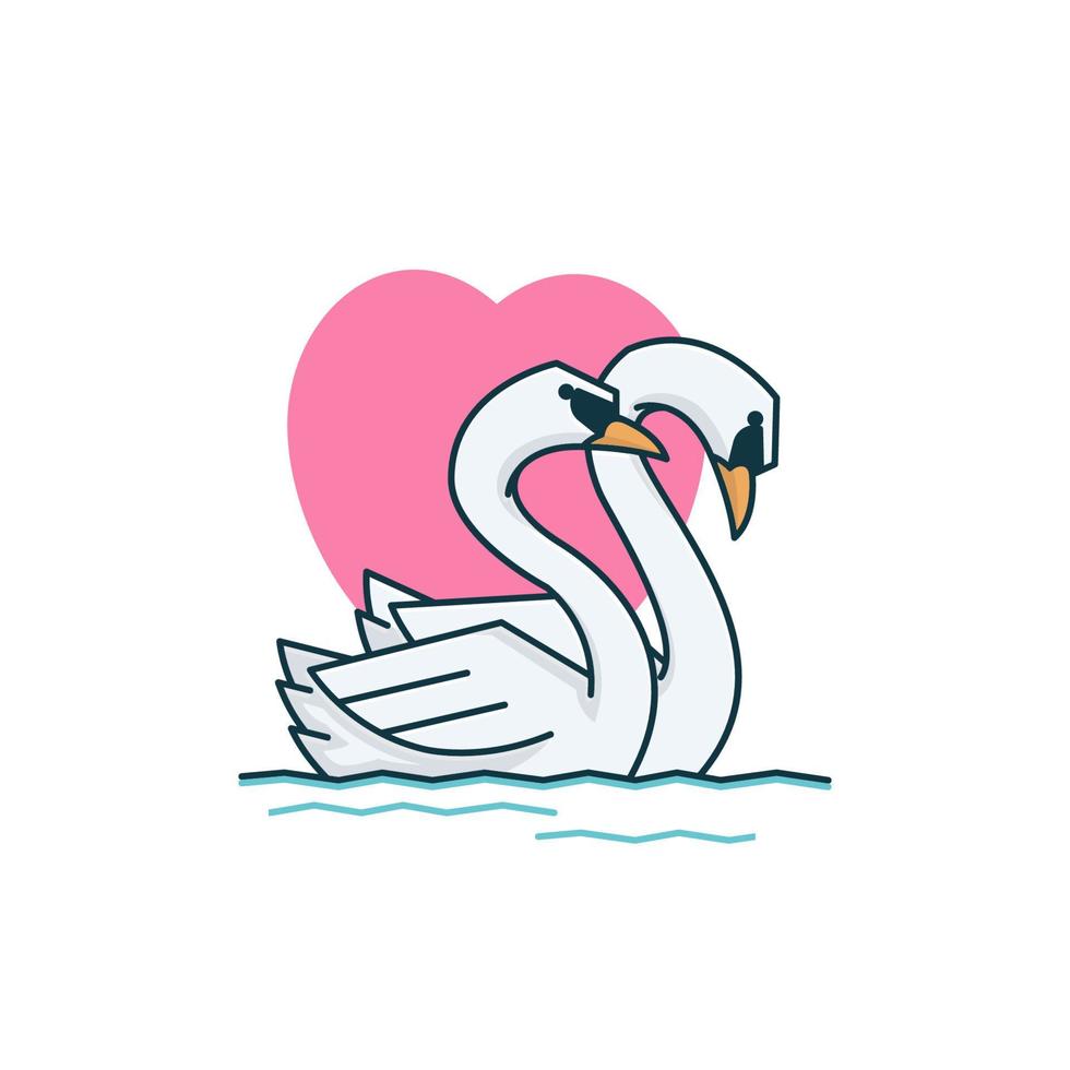 Adorable Two Swan Goose Couple Duck Swim Vector Cartoon