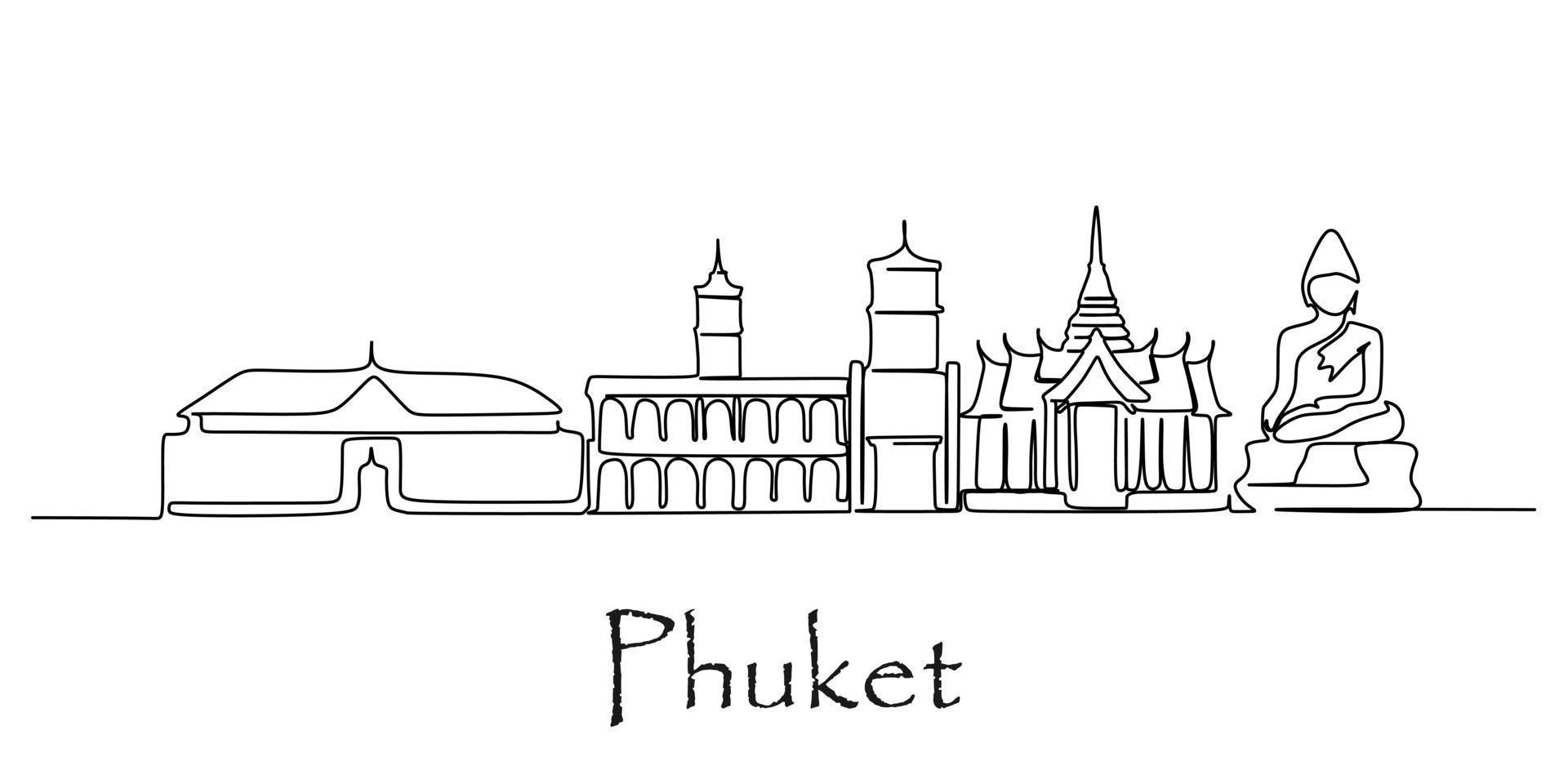 dibujo de una sola línea continua del horizonte de phuket, tailandia. famoso paisaje rascador de la ciudad. concepto de impresión de póster de arte de decoración de pared de hogar de viaje mundial. Ilustración de vector de diseño de dibujo de una línea moderna