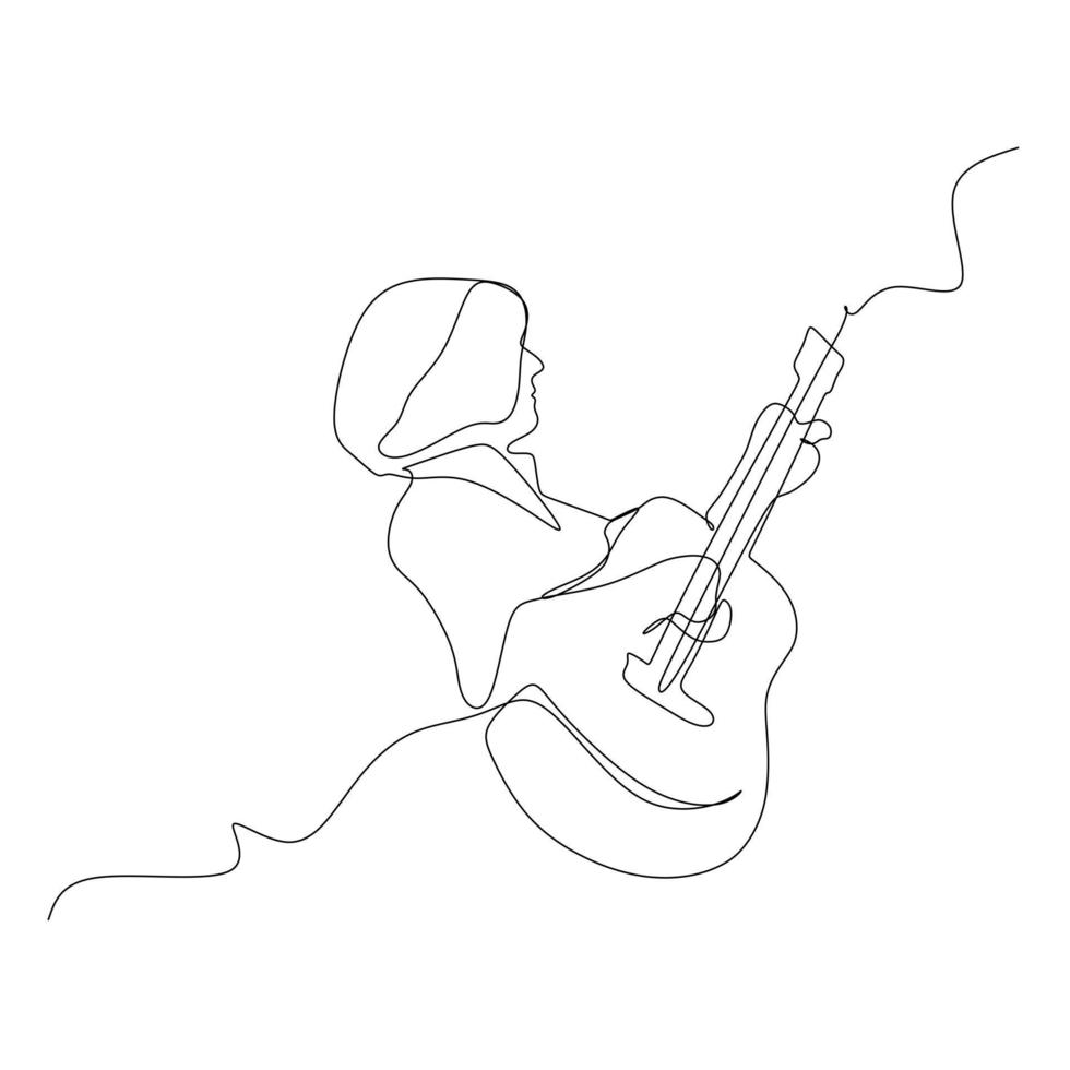Single continuous line drawing of a musician playing acoustic guitar - Modern one line draw design vector illustration