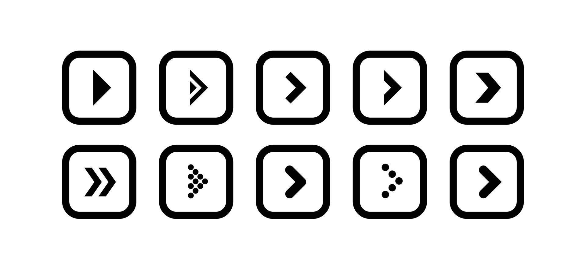 Set of black arrow illustration icons in the shape of a rounded square vector