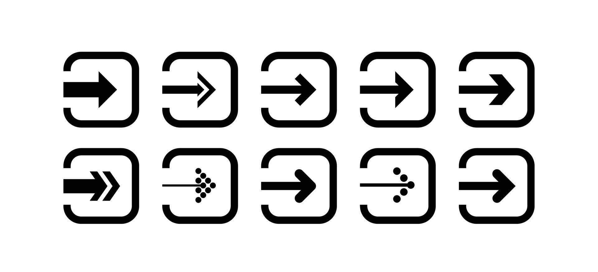 Set of black arrow illustration icons in the shape of a rounded square vector