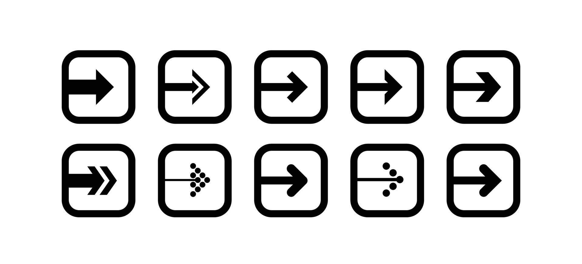 Set of black arrow illustration icons in the shape of a rounded square vector