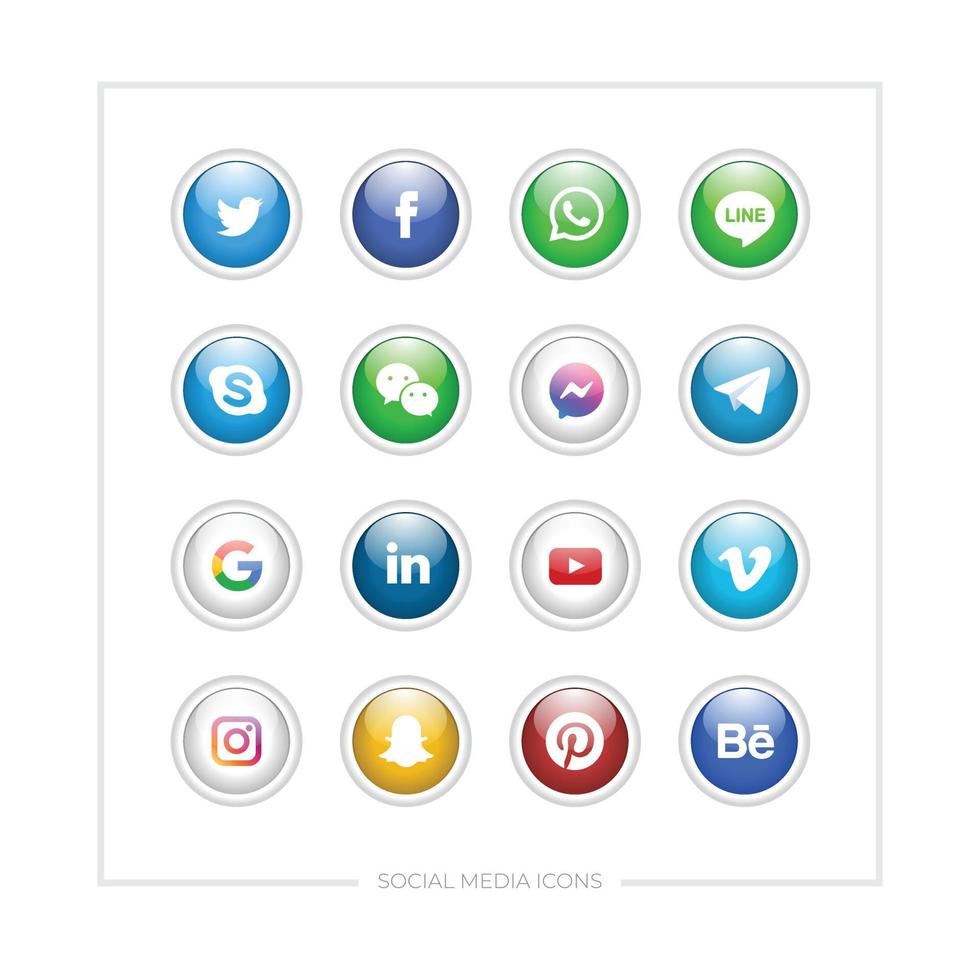 Set of various social media icons with colored in a glossy circle shape with emboss. vector