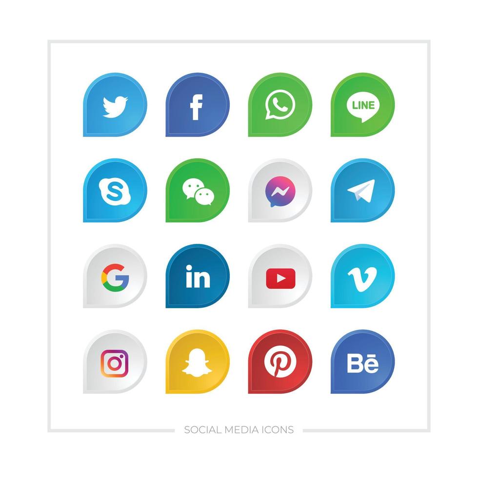 Set of various social media icons with colored in a leaf shape with emboss. vector