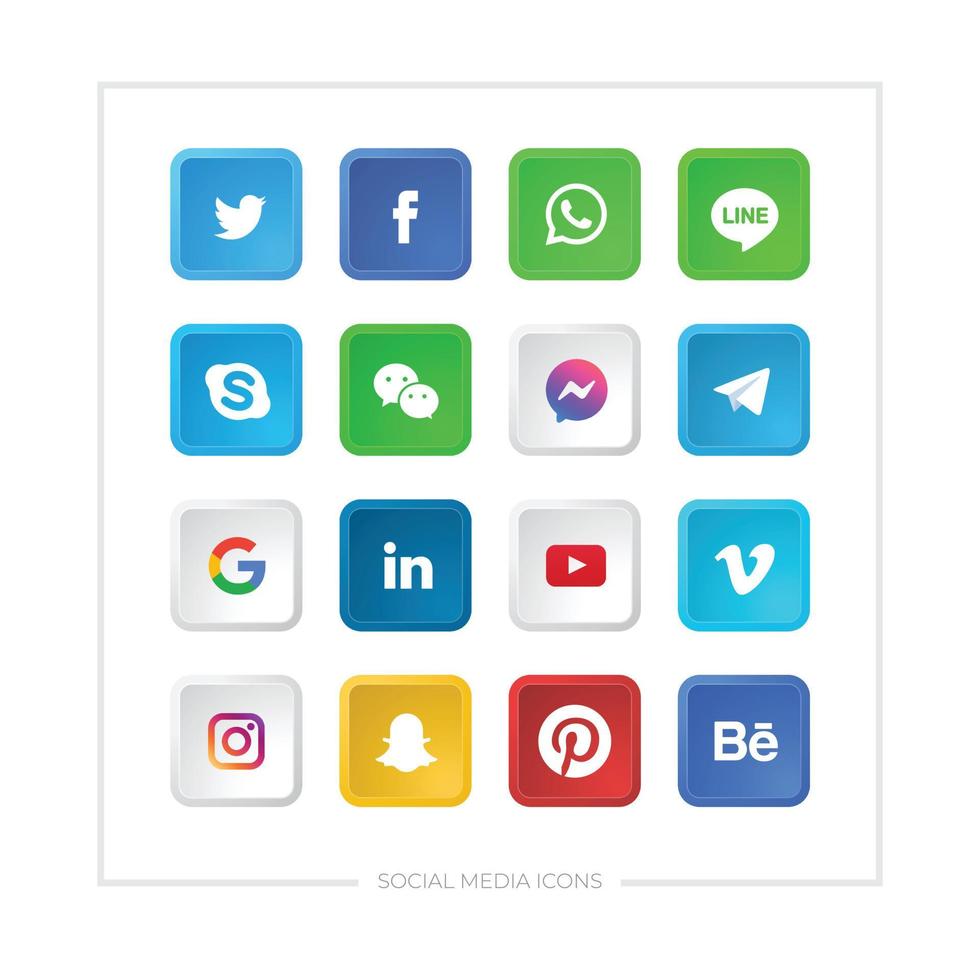 Set of various social media icons with colored in a square rounded shape with emboss. vector